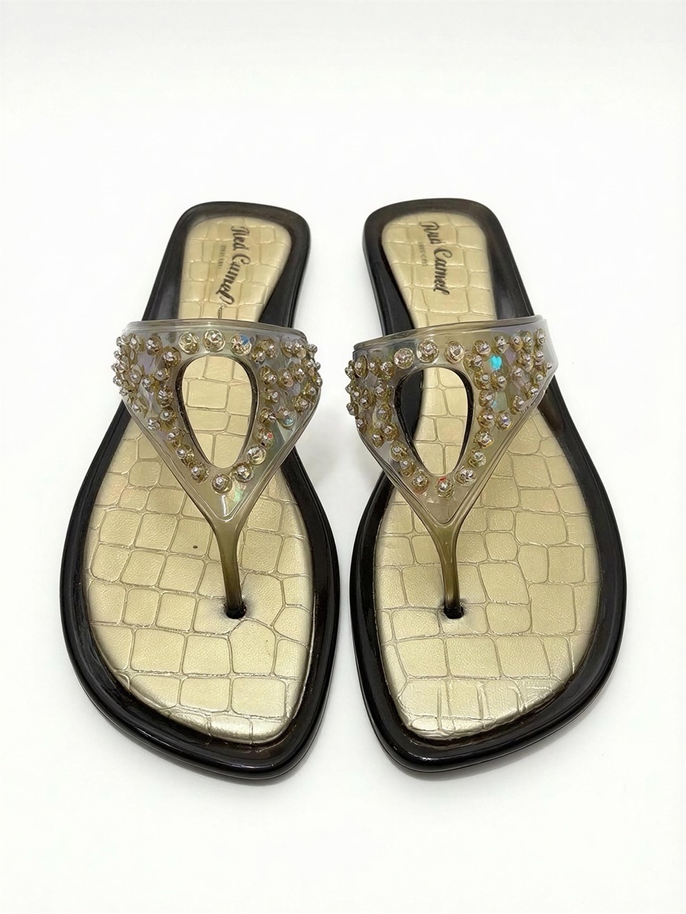 NIB Vintage Red Camel Gold Sequin Embellished Jelly Thong Sandals -- 10M